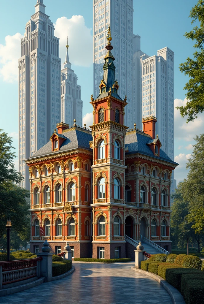 Moscow or Russian house, colorful, European type, with Soviet skyscrapers, Soviet Union 