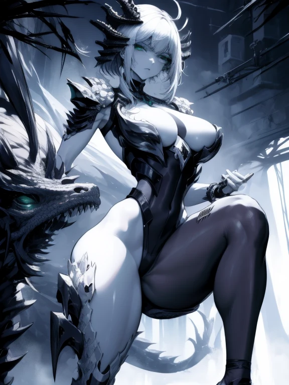 The woman in the image has a unique and unusual appearance, with an elongated body and a slender figure that seems to have been designed for speed and agility. Her legs are thin and muscular, tapering to a point at the ankles, while her long, delicate arms end in graceful hands. Her torso is narrow and flexible, allowing for a wide range of movement. Her face is large and rounded, with a small, pointed nose and expressive eyes that convey emotion. She is wearing a tight green outfit that fits her slender body, complemented by a large helmet that may be both functional and stylistic. The scene is made even more intriguing by the presence of a metal exoskeleton carrying her on her back in the shape of bones. This symbiotic relationship between the woman and the dragon makes for a unique and beautiful thing. The woman's breasts are notably large, measuring 115.5 cm in diameter, adding to her impressive presence in the image. The combination of the dragon's agile strength with the woman's modern aesthetic creates a fascinating visual moment of mutual cooperation as they traverse the landscape together.