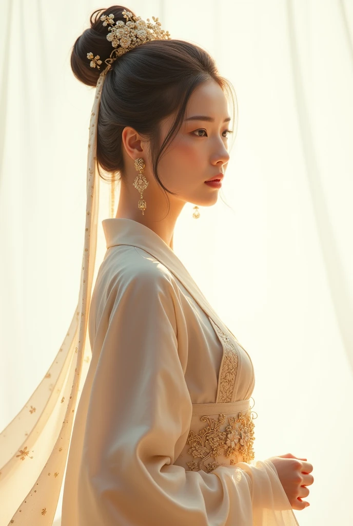 A woman, ancient chinese costume, whole body, Sun light, clear face, Clean white background, masterpiece, Super detail, epic composition, ultra high definition, high quality, extremely detailed, official art, uniform wallpaper 8k, Super detail, 32K