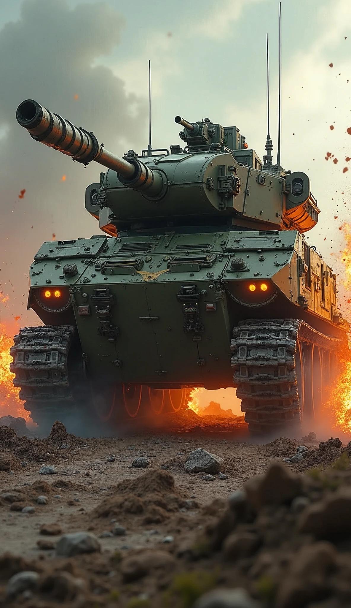 Realistic depiction、Skin that reflects light、military、cyber punk、Armored Tank、armored tank, in big battle, in the future、 science that has developed too much、Hellish scene、(((Caterpillar)))、tank have mech technology arms, explosion、inflammation、toilet、rain、dynamic angle、from below, Detailed Images、high quality、High Resolution、