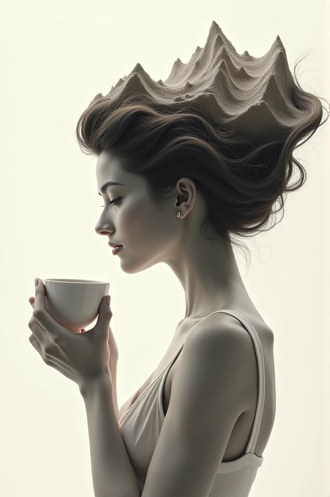 As soon as she is a woman in profile holding a cup of coffee and her hair is mountains 