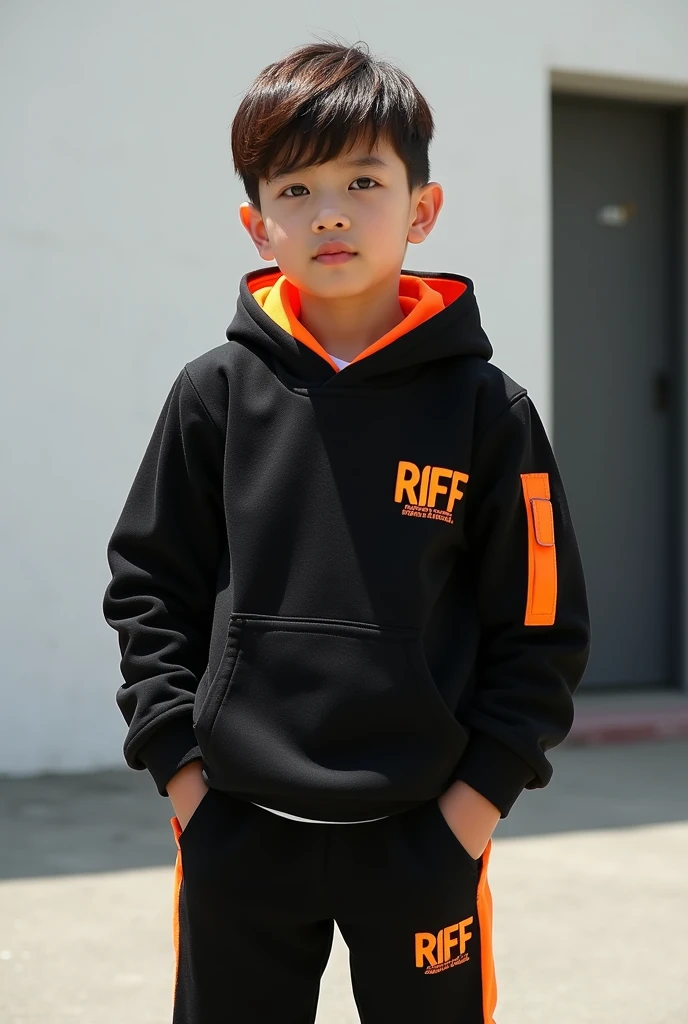 Create a photo of a boy. He's wearing a black fleece uniform with orange details. On the top is a hooded sweatshirt. The uniform says RIFF. Create a modern uniform, Youngh, creative and attractive. 