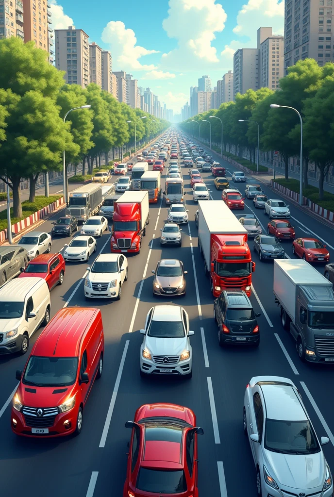 une vue de devant, plein de voiture qui arrive , tout type de voiture , une route