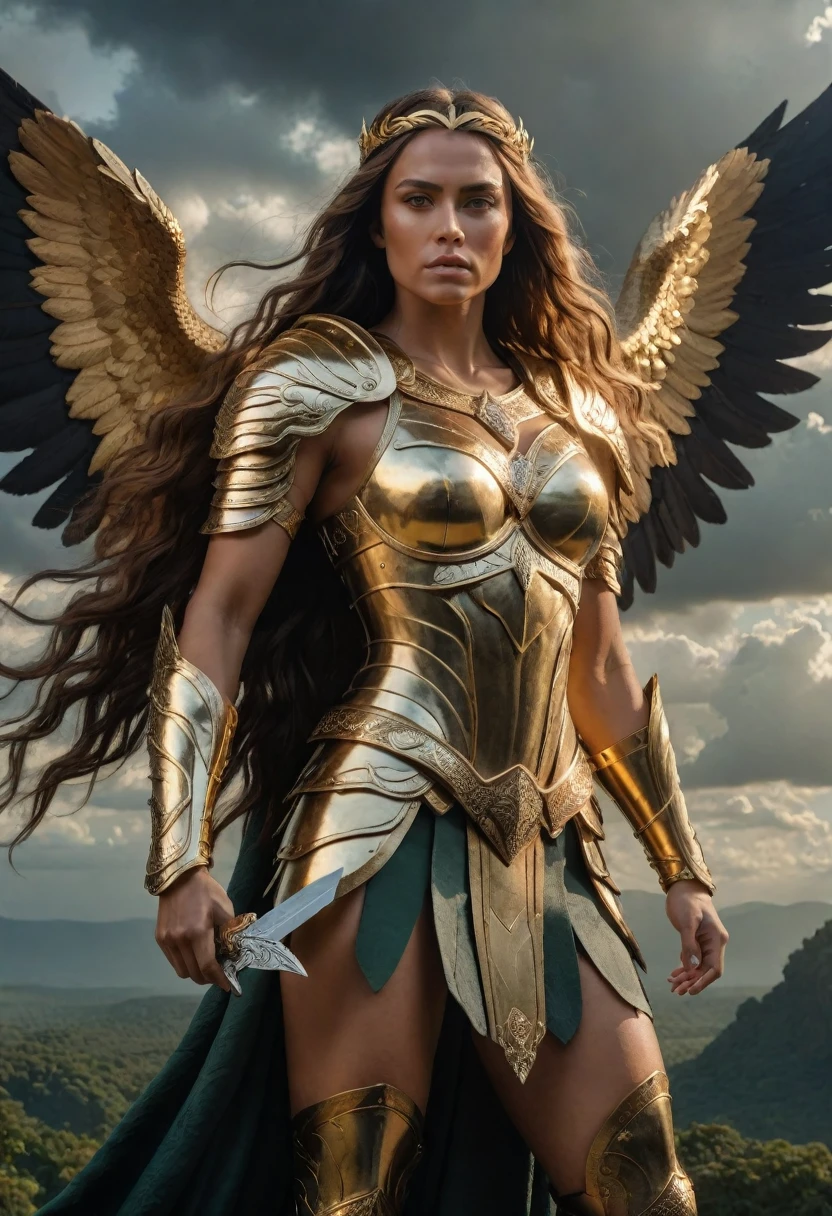 (a beautiful angelic amazonianwarrior princess,perfect body,extremely detailed face and eyes,long flowing hair,wearing intricate golden armor,posing heroically,cinematic lighting,dramatic clouds and scenery,epic fantasy landscape,highly detailed,photorealistic,8k)