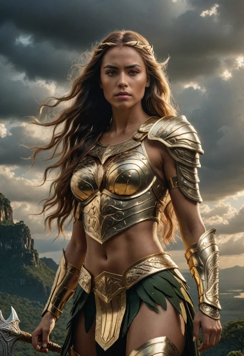 (a beautiful angelic amazonianwarrior princess,perfect body,extremely detailed face and eyes,long flowing hair,wearing intricate golden armor,posing heroically,cinematic lighting,dramatic clouds and scenery,epic fantasy landscape,highly detailed,photorealistic,8k)