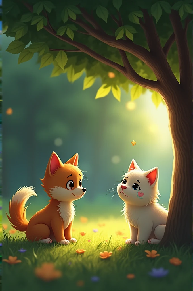 A small, sad-looking cat sitting under a tree, tears in its eyes. The dog stands nearby, noticing the cat for the first time. The scene is emotional, with a close-up of the cat's teary face and the concerned dog.