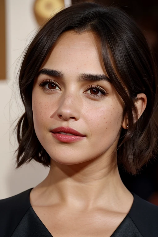 Close up dark brown hair, Dark brown eye color, brown skin color, charismatic, profiled nose, girl with medium short hair and medium round face, with freckles. ((( Face de Emma Watson:0.6))) ((( face of Penelope Cruz:0.7))) ((( facing Emilia Clark:0.9))) ((( opposite Gal Gadot:0.9))) ((( red lipgloss stick:0.9)))