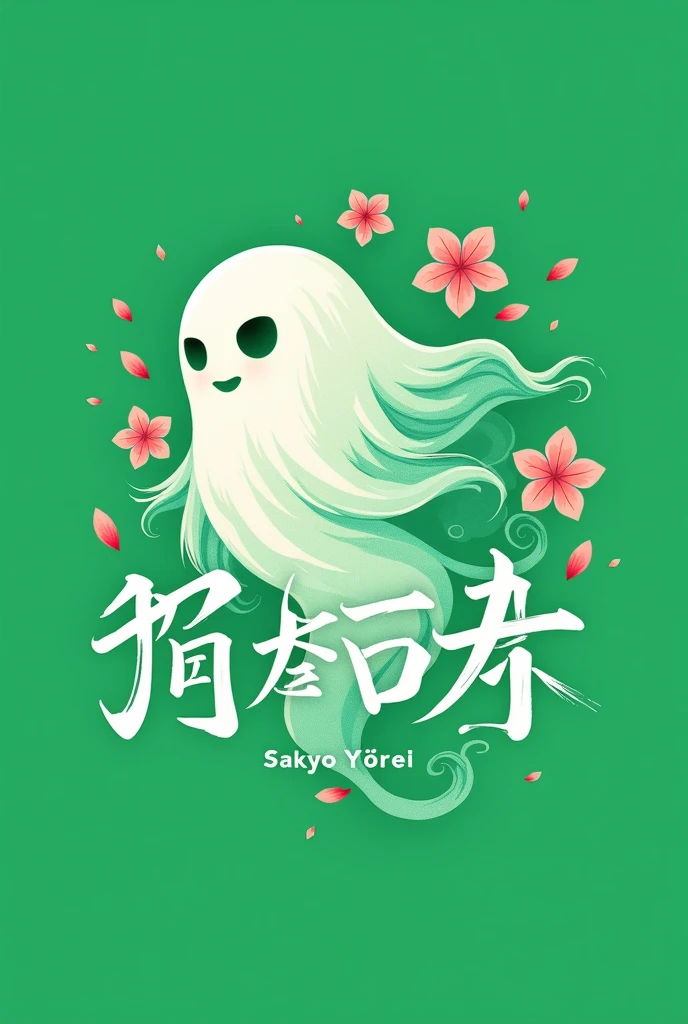 Create a logo for a Japanese basketball team named Sakyo Yūrei whose color is green. Include the name in the logo along with a ghost with flowers.
