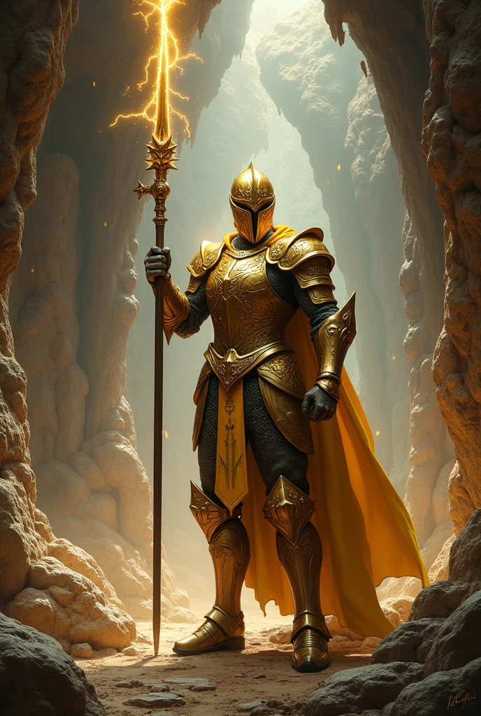 ((Best Quality)), ((masterpiece)), (detailed)  A knight in golden armor, in a battle pose, wielding a lightning-infused lance, inside a cave.