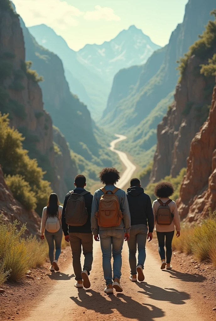 Male black Friends and JESUS hiking in adventurous Challenging road journey ALL facing back in modern time trip