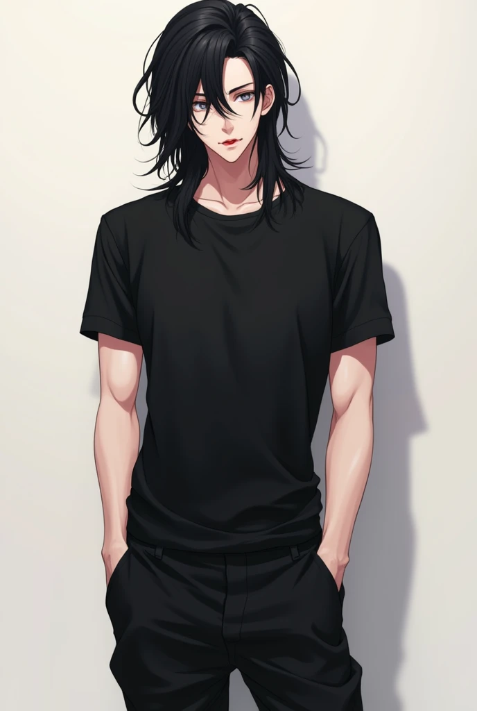 man, full length, anime art, young, long black hair to the shoulders, beautiful facial features, grey eyes, beautiful slightly pumped up body, realistically, shows tongue, sexual, masterpiece, in a black T-shirt and loose black leggings.
