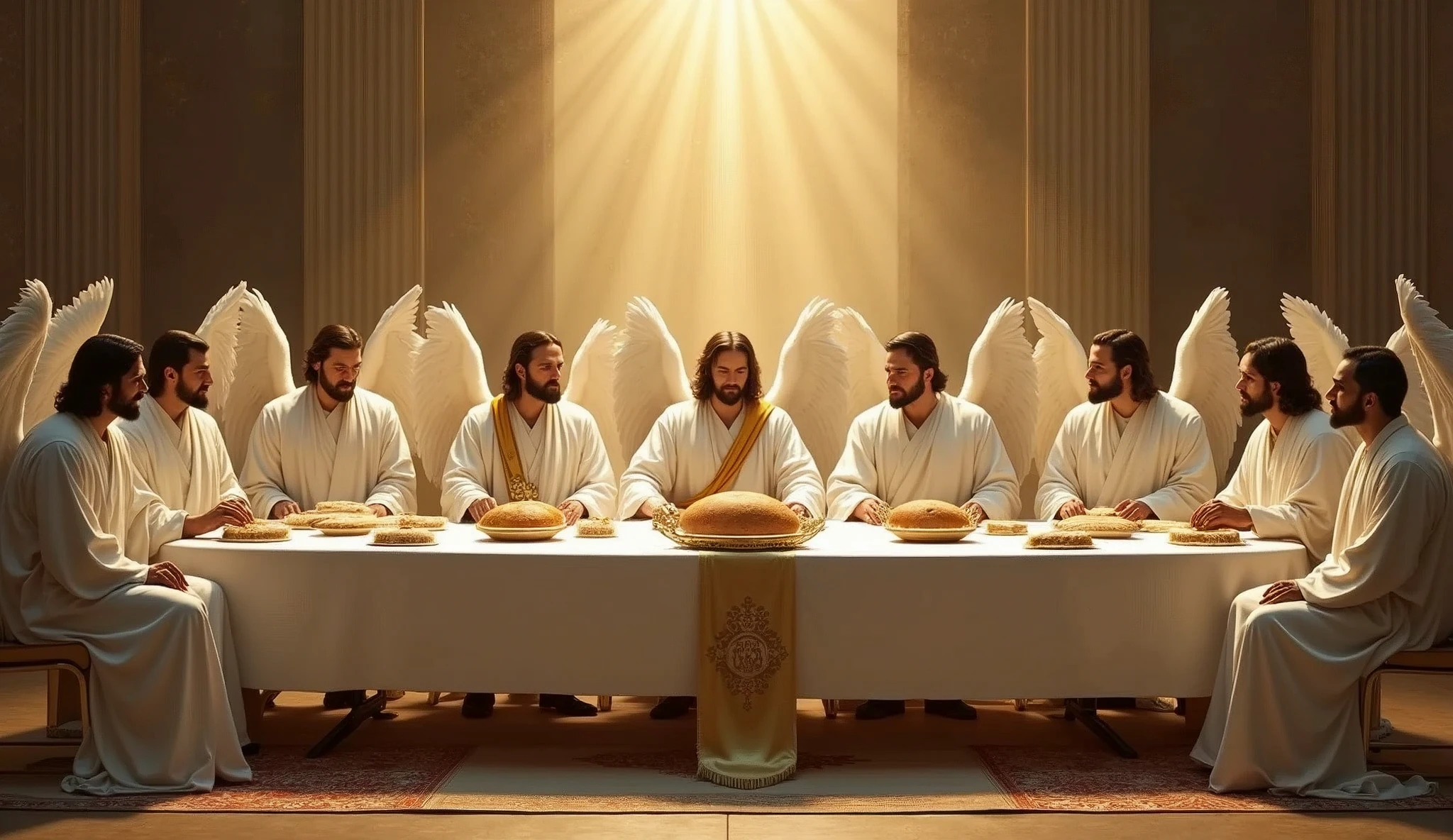 "Create 13 men for me: one representing Jesus Christ and 12 men representing the 12 apostles of Christ, all including Jesus Christ, in angelic clothing but without wings. They should all be seated in modern chairs around a long table, similar to Leonardo da Vinci's painting, with a beautiful tablecloth and several loaves of bread from that time on the table. Jesus Christ should be in the center, with 6 men to his right and 6 to his left, representing the 12 apostles. All should be dressed in angelic robes, without wings and in white garments, including Jesus Christ. The look should be more modern and adapted to the year 2024, with a more fashionable style. The only difference is that Jesus Christ should wear a sash over his left shoulder, descending to his right hip, with the phrase 'King of Kings' written on the sash over Jesus Christ."