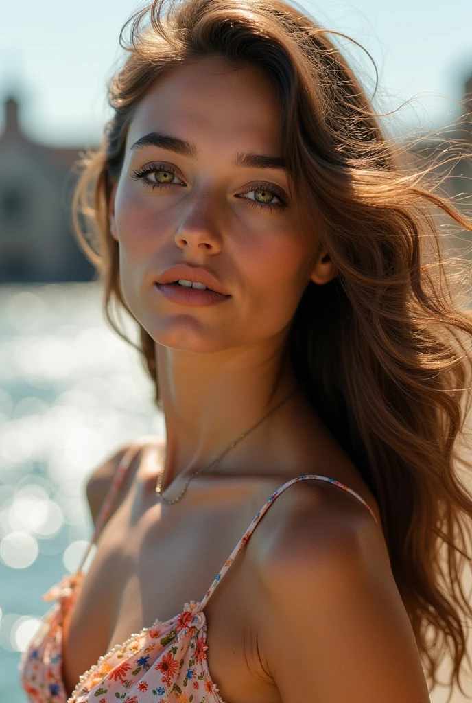  a gorgeous European light brunette woman, age 23, wavy hair in the wind. she's a men magazine model