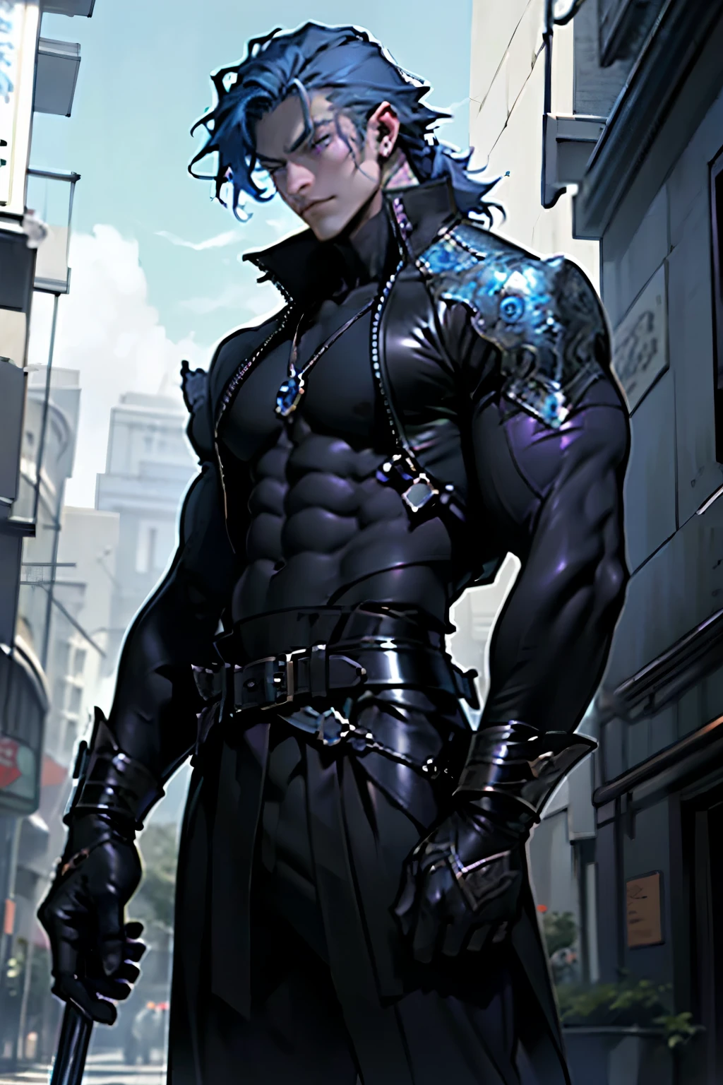 vampyre. Tall strong and muscular. A noble warrior. . blue hair,  like heaven. and purple eyes, shiny, eye-catching capable of differentiating it from any other.  work of art. standing alone. high qualiy.