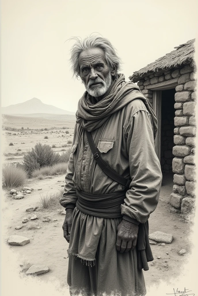 Drawing of a man in the northeastern backlands with a tired expression, near a mud-brick house.