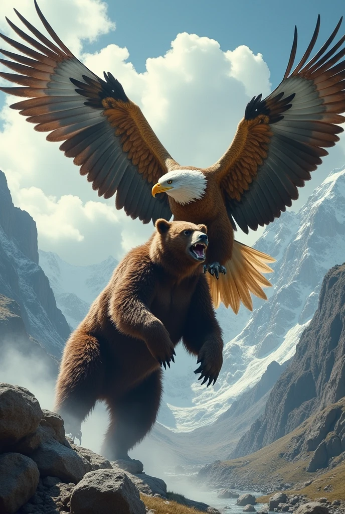 Generate an image of a giant golden eagle catching a giant bear that is bigger than the eagle