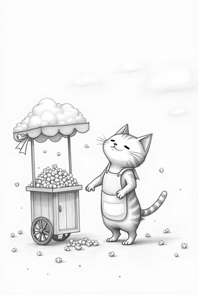 sketch, nice pencil drawing of a cat selling popcorn in the sky