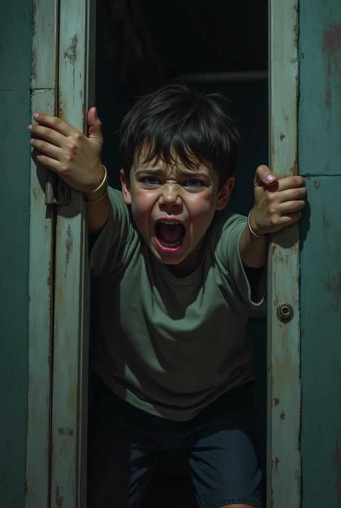 one boy with a panicked expression, struggling as he is caught in the door.