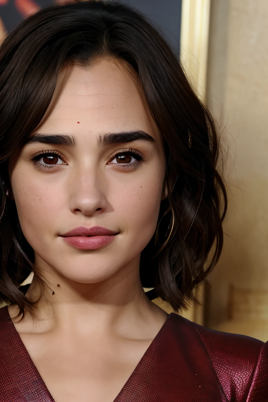 Close up dark brown hair, Dark brown eye color, brown skin color, charismatic, profiled nose, girl with medium short hair and medium round face, with freckles. ((( Face de Emma Watson:0.6))) ((( face of Penelope Cruz:0.7))) ((( facing Emilia Clark:1.0))) ((( opposite Gal Gadot:1.1))) ((( red lipgloss stick:0.9)))

