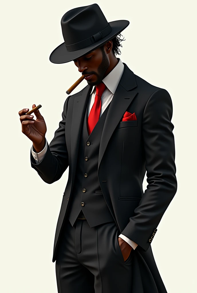 Zé pelintra, chic, trickster, Bohemia, Suit dress, pants, white shirt and hat with red tie. black male, stark, with a mysterious air, smoking a cigar and with his head down, a little hidden by the hat.