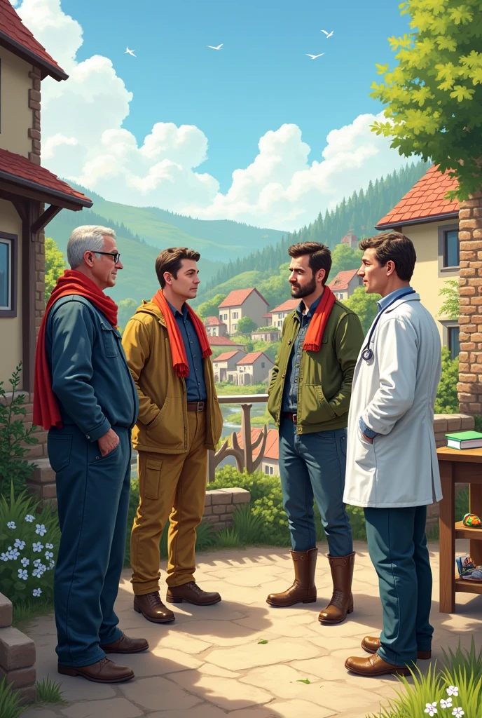 Les professionnels et la population
Au nord de la France, 1 mayor, 1 agriculteur, 1 guide, 1 veterinarian, 1 doctor
Animals : not specifically but why not
Environment : vue sur un village ou un bourg (vue en haut du vigneau de Licques serait parfait …)
The idea of the drawing :
Un groupe de professionnel semble en pleine discussion sur le terrain et semble discuter d’une problématique qui concerne leur Bourg
Le bourg doit comporter des maisons d’habitations, a farm and a health house
The elected official is in a tailor shop
The mayor wears a tricolour scarf
The doctor has a white coat and a stethoscope
The veterinarian is wearing boots and a stethoscope
The farmer has a jumpsuit and work boots