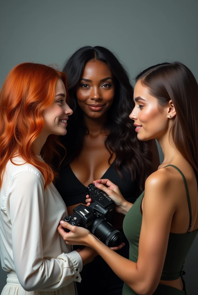 Generate a portrait of 3 girls One white girl with red hair and wavy hair and photograph, one black woman with long hair is a photographer and another white makeup artist with straight long brown hair 