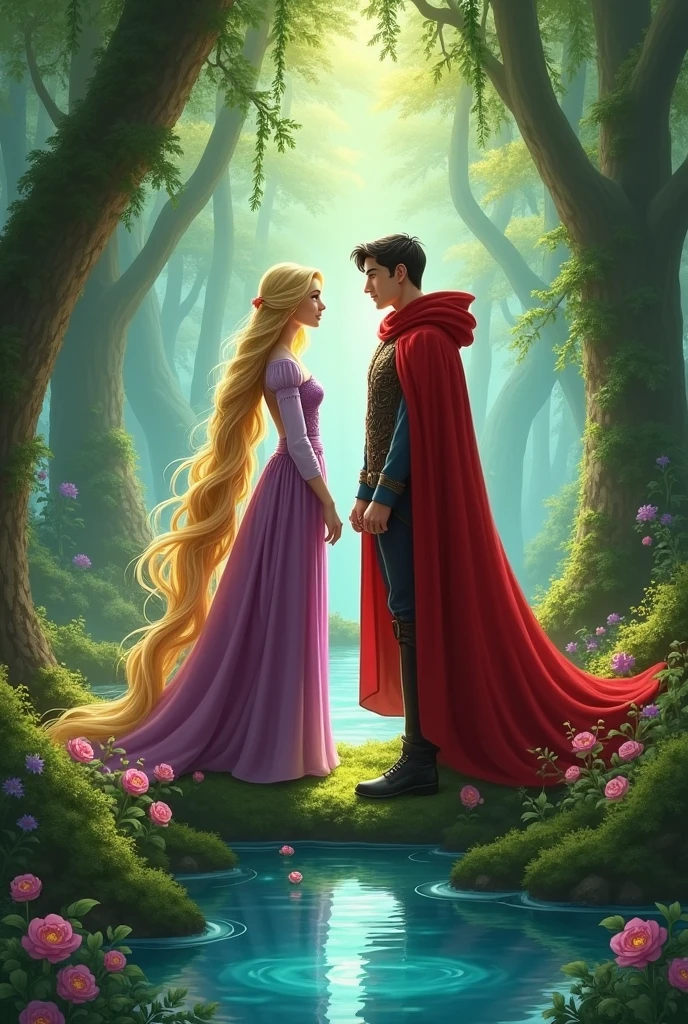 women, Rapunzel&#39;s daughter, accompanied by the Red Queen's son