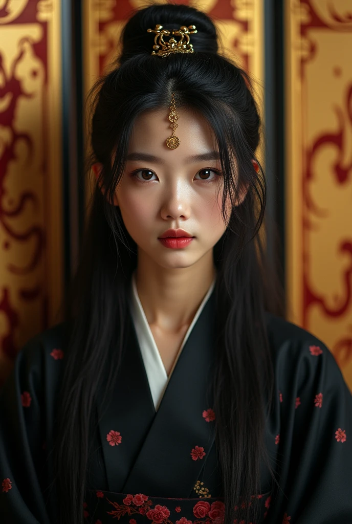 (best quality:1.2), (high resolution:1.2), (beautiful face and eyes:1.2), (The sharpest focus:1.2), (Ultra-realistic photos:1.2), (Extremely accurate photos:1.2), (depth of field:1.2), (perfect anatomy:1.2), (Beautiful hands:1.2), (perfect hand:1.2),
(She is a beautiful Chinese person., young, sloppy, long hair, loud, fearless, There is a gold ring on his forehead.:1.0), (Bloody gold folding screen:1.5), (The black hermit&#39;s clothes were tattered.:1.8), 
(A very luxurious banquet hall in Chinese drama style.:1.5), (Terribly, heartless, And a fierce smile:1.5), (Big and muscular:1.8), 