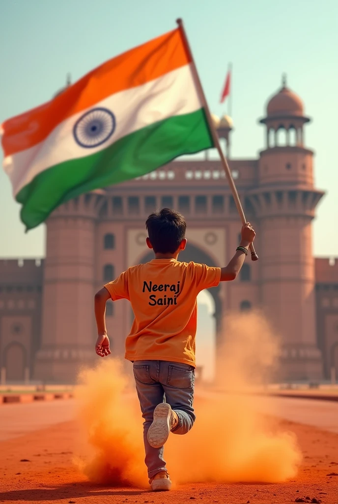 Backside Neeraj saini name t-shirt boy, salut Indian flag,runing ,one hand India flag, infront of rèd fort,gulal