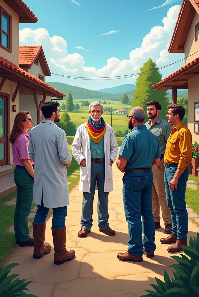 Les professionnels et la population
Au nord de la France, a mayor, 1 agriculteur, 1 guide, 1 veterinarian, 1 doctor
Animals : not specifically but why not
Environment : vue sur un village ou un bourg (vue en haut du vigneau de Licques serait parfait …)
The idea of the drawing :
Un groupe de professionnel semble en pleine discussion sur le terrain et semble discuter d’une problématique qui concerne leur Bourg
Le bourg doit comporter des maisons d’habitations, a farm and a health house
The elected official is in a tailor shop
The mayor wears a tricolour scarf
The doctor has a white coat and a stethoscope
The veterinarian is wearing boots and a stethoscope
The farmer has a jumpsuit and work boots