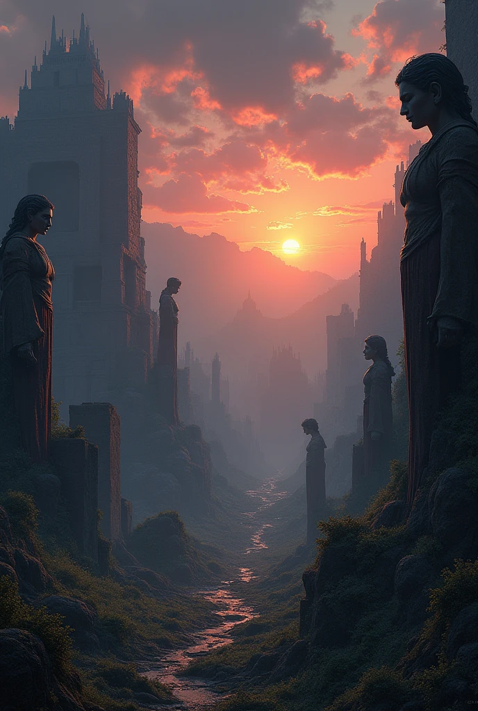 18. A panoramic view of the lost city at dusk, with ancient ruins and statues silhouetted against a dark sky.