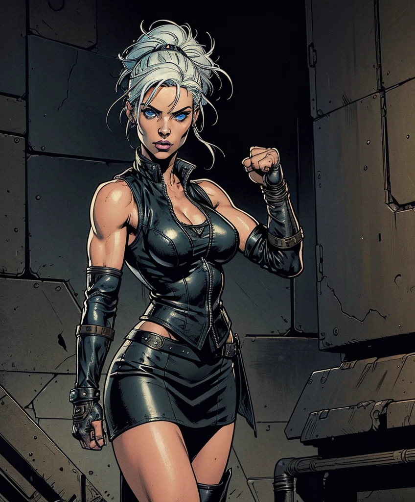 (((Full-length shot))),((Best quality)), ((masterpiece)),(detailed),muscular build and medium breasts .., wears an open black leather vest on a naked body.., black leather gloves, a short skirt and heavy boots. She has a punk rock look.Hyper-realistic close-up photo of Rose Wilson DC, blue eyes,white hair(Photorealism: 1.4), Create dystopian masterpieces. Post-apocalyptic world. Pay attention to small details, sharp focus. The palms of the hands are clenched into fists.