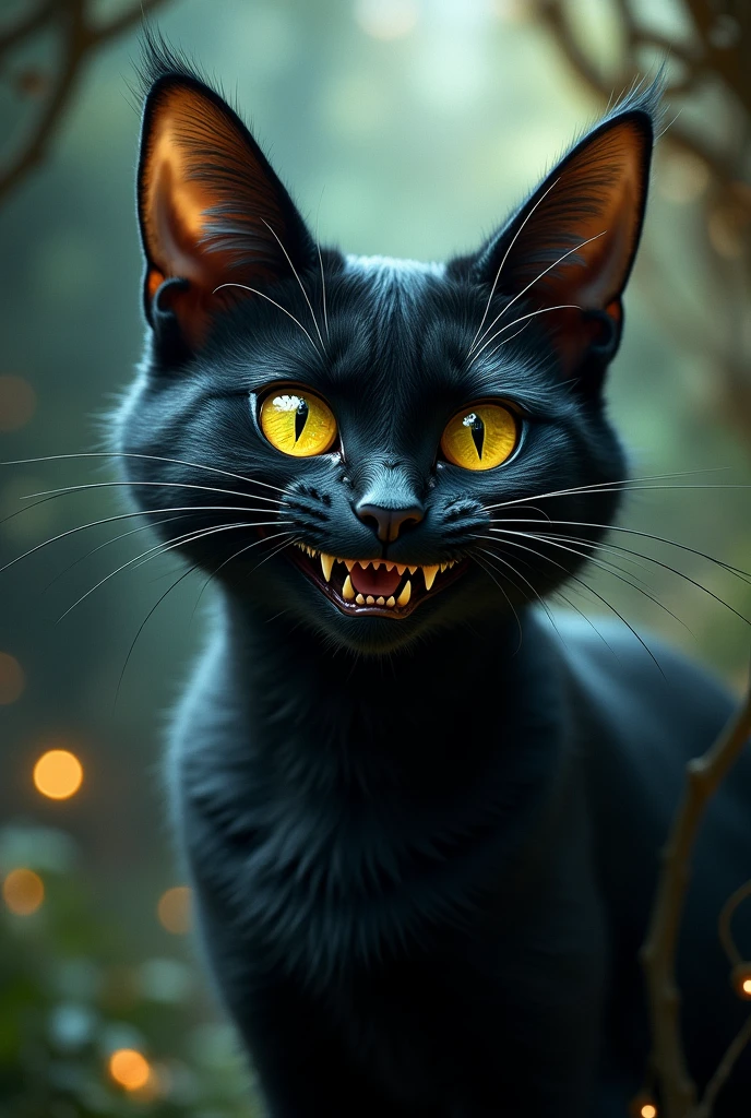 cat head smiling with sharp teeth like that of Alice in Wonderland, the cat that is black