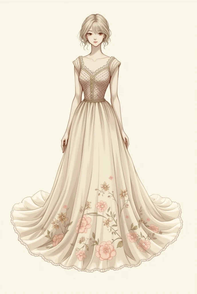 Sketch of a dress with flowers in its fabric and short lace, neutral colors