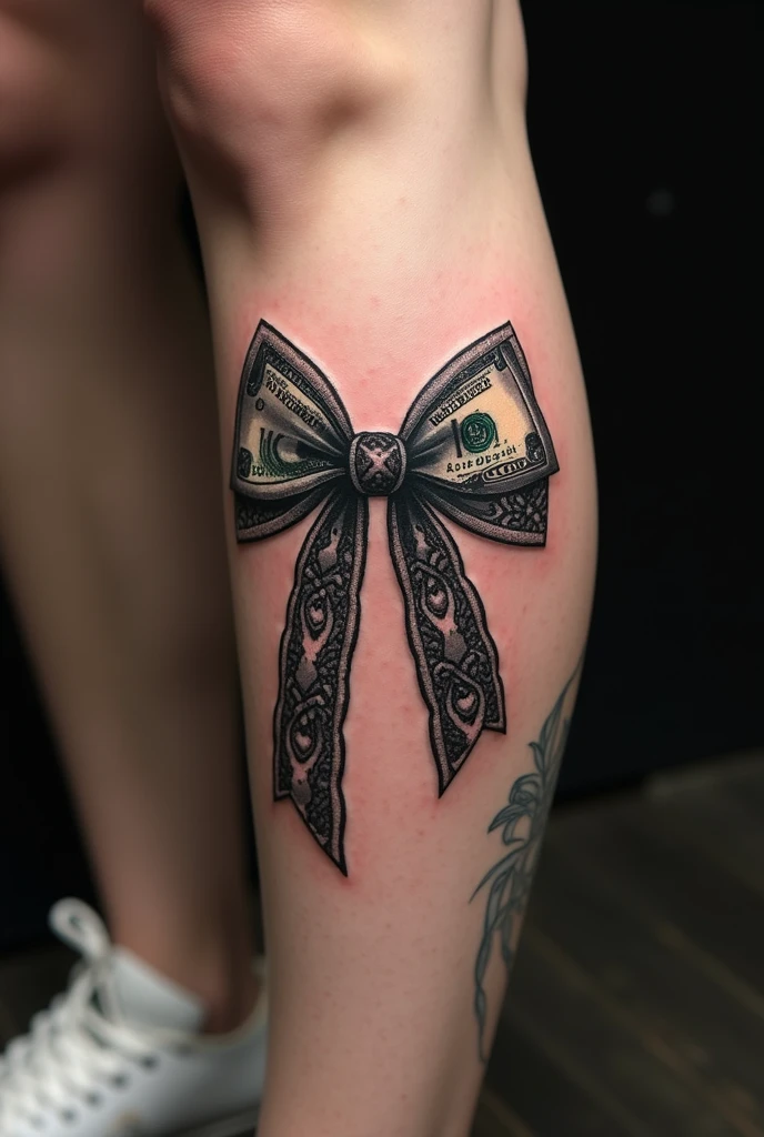   Leg tattoo of a lace bow with a pressed $100 bill

