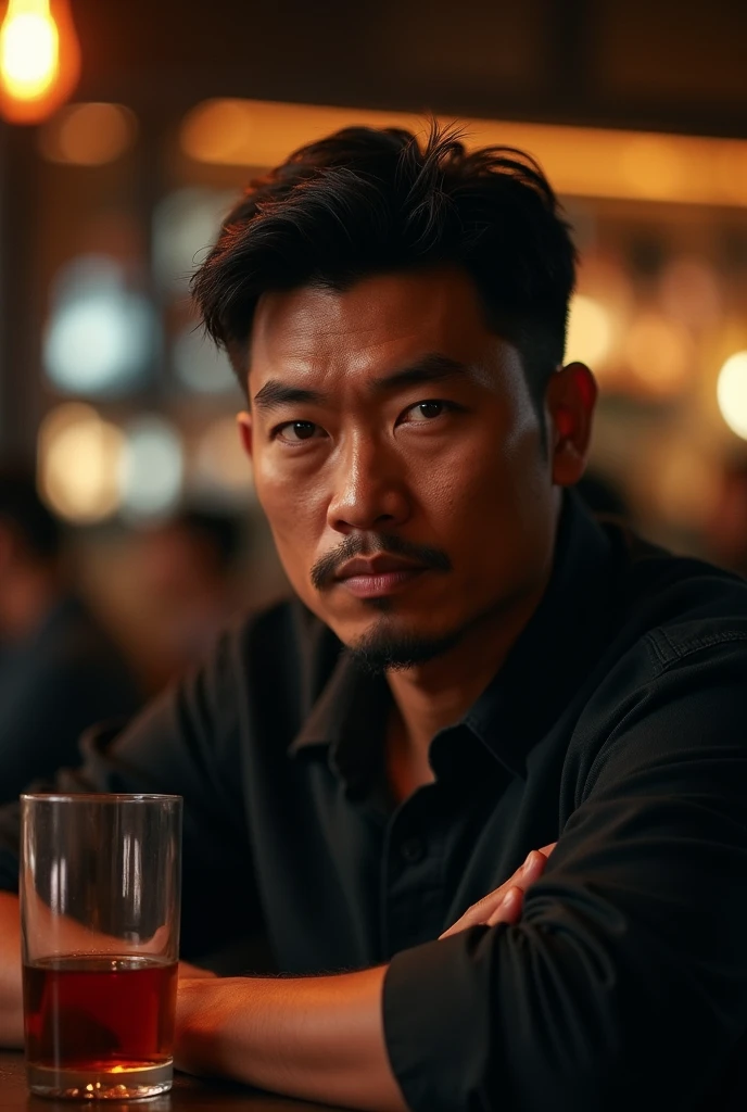 Portrait photography of A 40-year-old Thai man with a serious, intense expression, slightly furrowed brows, and a short, neatly groomed mustache and goatee. His face has a defined, angular structure with high cheekbones and a strong jawline. His eyes are sharp and penetrating, giving off a contemplative and somewhat somber look. He has a well-proportioned nose with a straight bridge and slightly flared nostrils. His lips are full and slightly pursed, adding to the intensity of his expression. His ears are average in size, lying close to his head. His hair is black, slightly tousled, and styled back in a natural, relaxed manner. He is wearing a dark-colored polo shirt and is sitting at a bar with a glass of liquor in front of him. The dim, warm lighting from the bar creates a moody atmosphere, accentuating his thoughtful and serious demeanor. , 8K, --ar 16:9