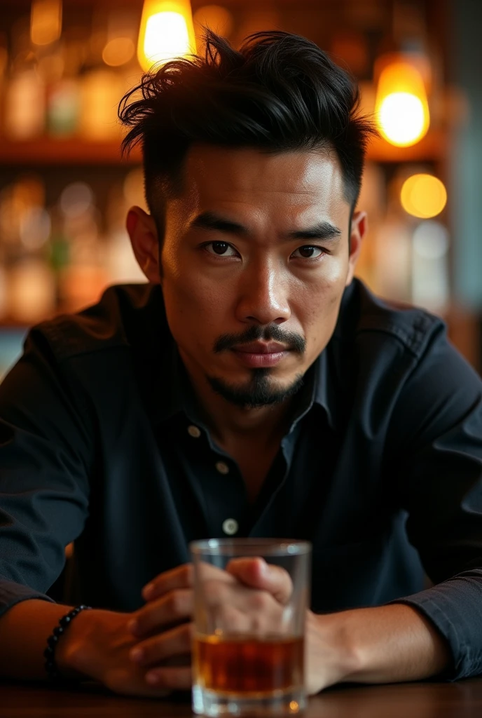 Portrait photography of A 40-year-old Thai man with a serious, intense expression, slightly furrowed brows, and a short, neatly groomed mustache and goatee. His face has a defined, angular structure with high cheekbones and a strong jawline. His eyes are sharp and penetrating, giving off a contemplative and somewhat somber look. He has a well-proportioned nose with a straight bridge and slightly flared nostrils. His lips are full and slightly pursed, adding to the intensity of his expression. His ears are average in size, lying close to his head. His hair is black, slightly tousled, and styled back in a natural, relaxed manner. He is wearing a dark-colored polo shirt and is sitting at a bar with a glass of liquor in front of him. The dim, warm lighting from the bar creates a moody atmosphere, accentuating his thoughtful and serious demeanor. , 8K, --ar 16:9