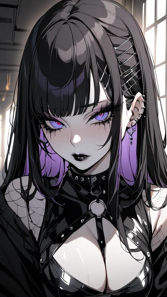 1girl, Holo-Punk Style, goth, masterpiece, best quality, indoors, mascara, lips, eyeliner, pale skin, black hair