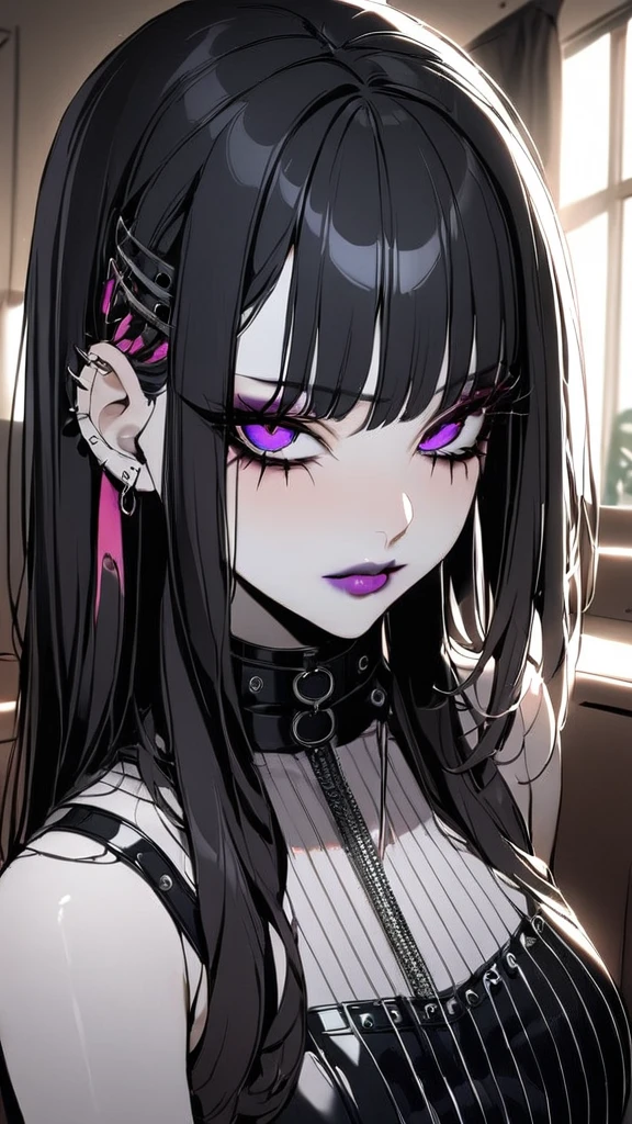1girl, Holo-Punk Style, goth, masterpiece, best quality, indoors, mascara, lips, eyeliner, pale skin, black hair