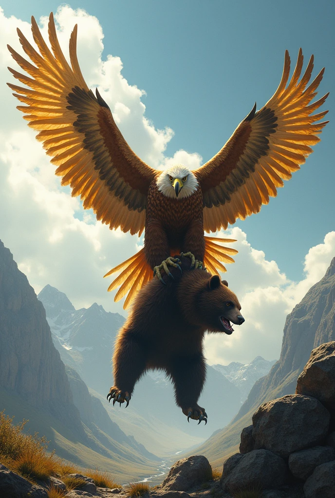 Generate an image of a giant golden eagle lifting a giant bear that is larger than the eagle.