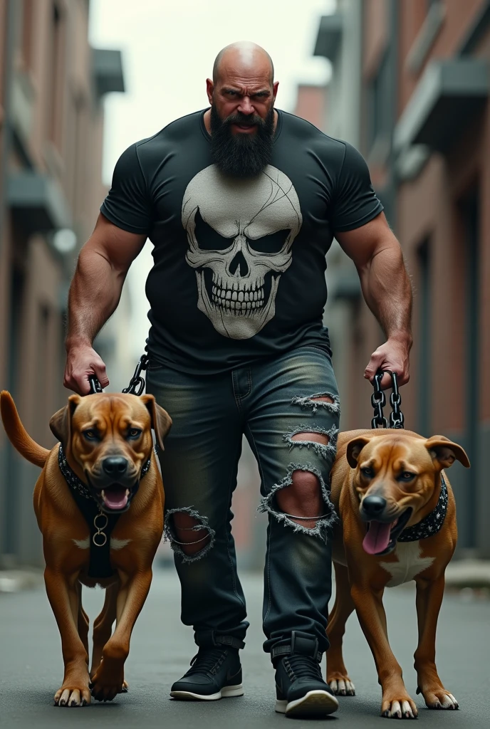 Image of a furious and angry man, knowing that he is bald and bearded besides being very muscular, with a skull print shirt and he is wearing ripped pants and black Nike sneakers, in his hands he is holding two angry dogs chained.