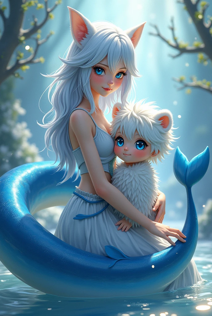 A white-haired woman with blue streaks and blue eyes, sporting a blue shark tail, accompanied by a boy with long white hair, polar bear ears, and blue anime eyes.