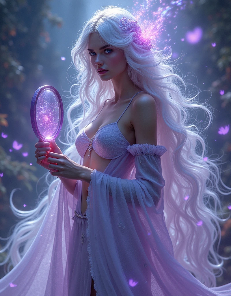 (Goddess of Illusion:1.2), (masterpiece:1.4, best quality), (photo realistic:1.4), ethereal and mysterious appearance, embodying the art of deception and illusion, dressed in flowing, translucent robes that shimmer and change color, adorned with intricate patterns that seem to move and shift, (hair like wisps of mist or smoke, constantly changing form and color:1.2), (eyes that reflect endless, shifting patterns, filled with a mischievous and enigmatic light:1.2), holding a mirror or a staff with a gem that distorts reality, surrounded by swirling illusions, holographic images, and shifting forms, (background of a surreal, dreamlike landscape where reality seems to warp and bend:1.2), (soft, otherworldly lighting that casts both light and shadow, enhancing her mystical aura:1.2), (graceful and elusive pose that conveys her mastery over the realm of illusions:1.2), rich textures, vibrant and iridescent colors, (shifting purples:1.2), (deep blues:1.2), (glowing silvers:1.2), (dynamic composition with flowing lines and a sense of confusion and wonder:1.2), high-quality and detailed, (awe-inspiring and disorienting atmosphere:1.2), mystical and captivating, perfect image quality, symbolizing deception, mystery, and the power of illusion, captivating and enchanting presence