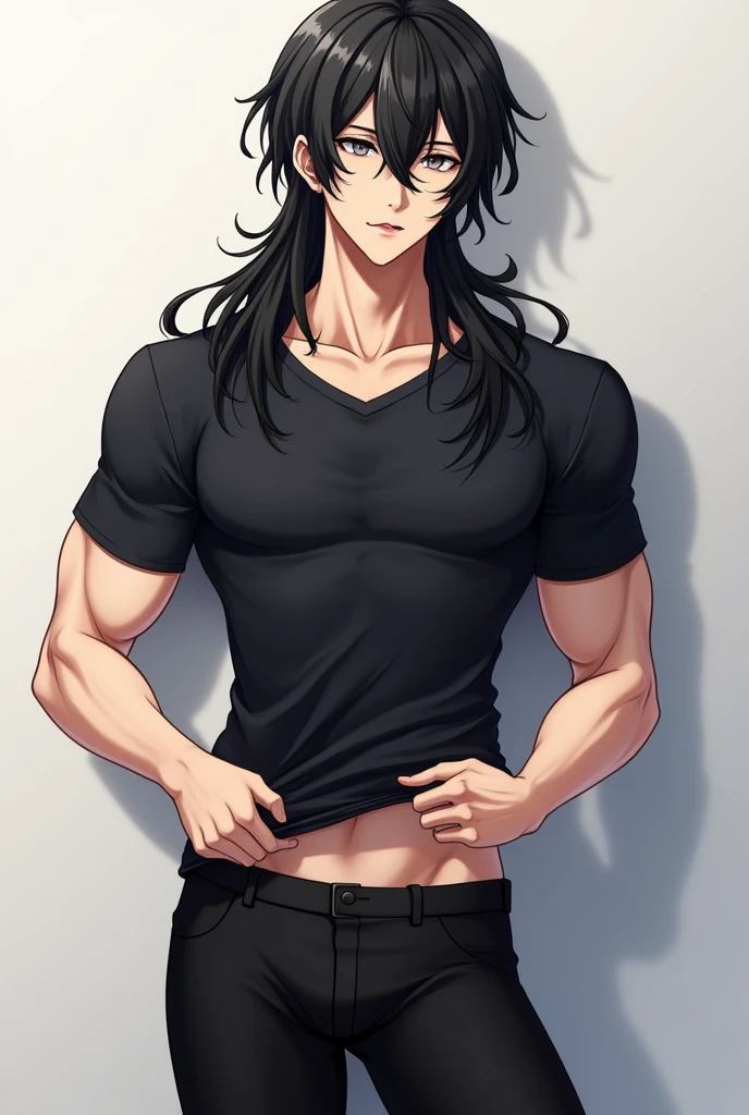 man, full length, anime art, young, long black hair to the shoulders, beautiful facial features, grey eyes, beautiful slightly pumped up body, realistically, shows tongue, sexual, masterpiece, lifts up a black t-shirt and shows off their abs, black tights.