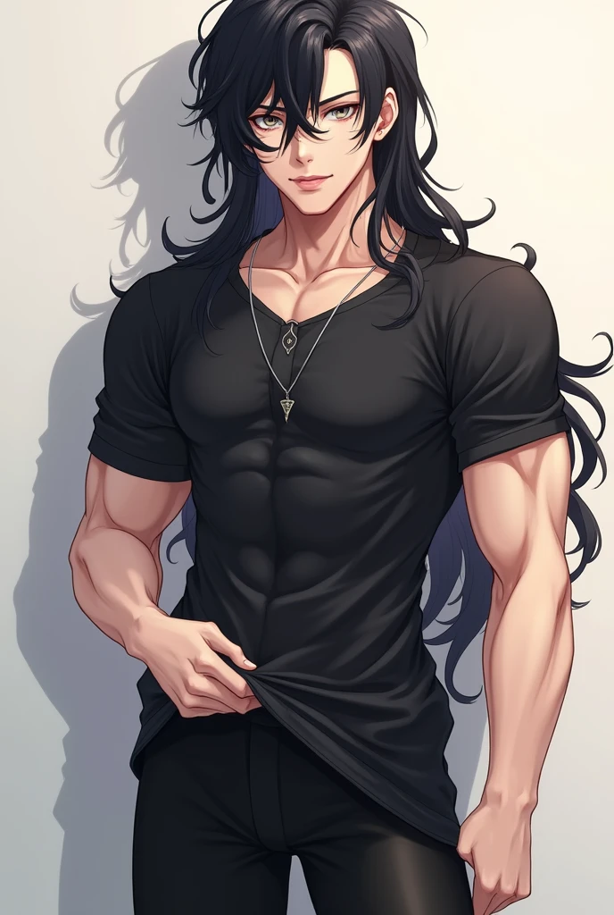 man, full length, anime art, young, long black hair to the shoulders, beautiful facial features, grey eyes, beautiful slightly pumped up body, realistically, shows tongue, sexual, masterpiece, lifts up a black t-shirt and shows off their abs, black tights.