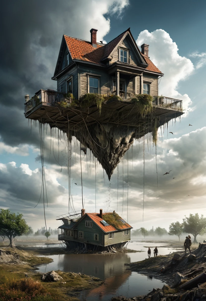 generate a post-apocalyptic world (Cracks in the ground, a house floating IN THE AIR and monsters)