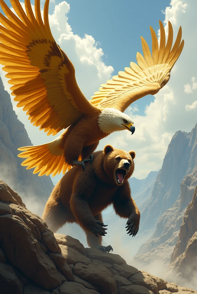 Generate an image of a giant golden eagle lifting a giant bear that is larger than the eagle.