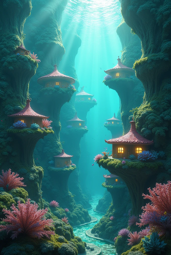 color (Fantasy: 1.2), (style of hayao miyazaki.), (Unusual building, floating under water), Patchwork cottages, Moss jewelry, coral, lights, Concept art, inspired by Andreas Rocha, Artstation Competition Winner, Fantasy art, (underwater city), Ross Tran, Light shafts, realistic lighting, masterpiece, high quality, beautiful graphics, high detail, masterpiece, high quality, beautiful graphics, high detail, --v6