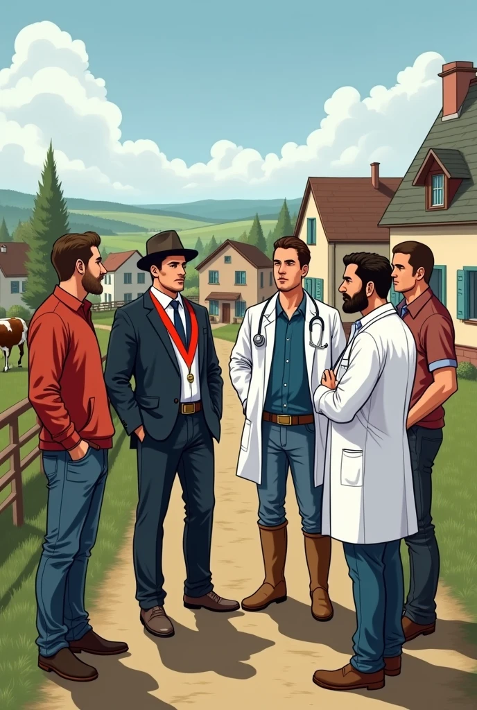 Les professionnels et la population

Au nord de la France, a mayor, 1 agriculteur, 1 guide, 1 veterinarian, 1 doctor
Animals : not specifically but why not
Environment : vue sur un village ou un bourg (vue en haut du vigneau de Licques serait parfait …)

The idea of the drawing :

Un groupe de professionnel semble en pleine discussion sur le terrain et semble discuter d’une problématique qui concerne leur Bourg
Le bourg doit comporter des maisons d’habitations, une ferme et une maison de la santé
L’élue est en tailleur et porte une echarpe tricolore bleu blanc rouge
Le médecine à une bouse blanche et un stétoscope
Le vétérinaire est en bottes et un stétoscope
L’agriculteur a une combinaison et des chaussures de travailles