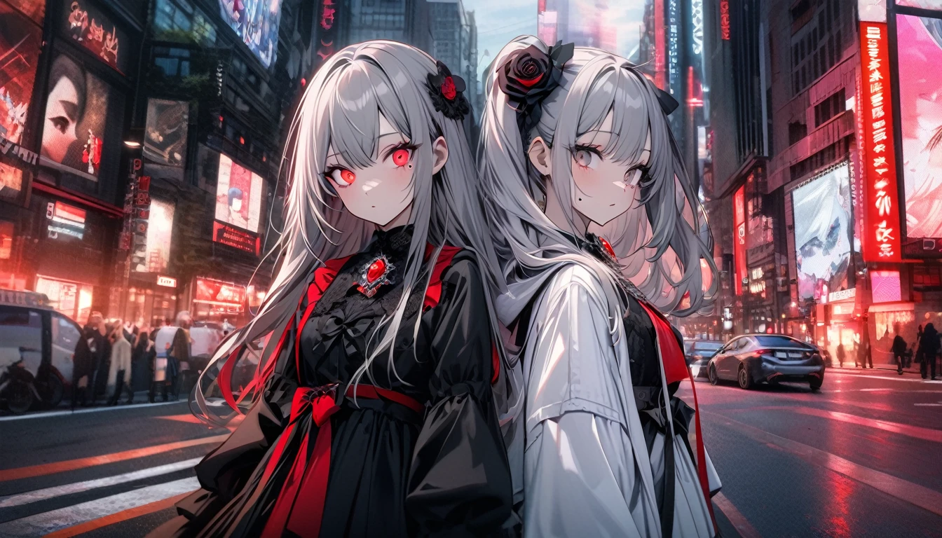 Modern city, girl and her shadow, shadow is the demon in the girl's mind, two people, tense lens, the main body of the photo is the background of the big city, bright and fresh photo, beautiful abstract big city and age girl character in it. Gray hair color, red glowing eyes, long hairstyle, mole under the left eye, black rose brooch, surreal background, enchanting style, gothic loliashion